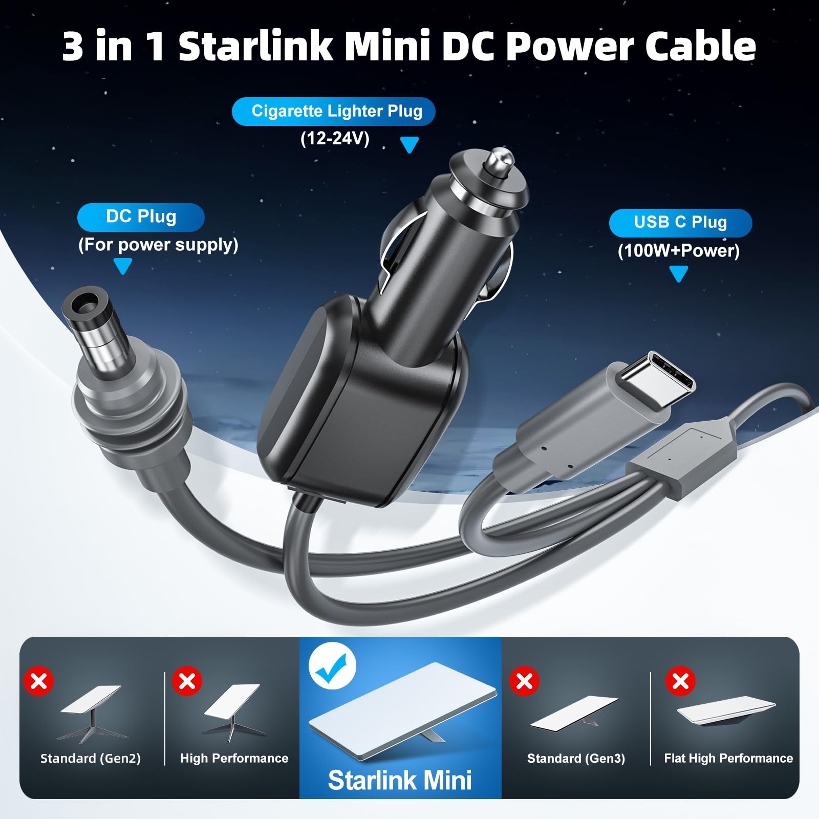 3 in 1 for Starlink Mini Cable 10FT/3M OR 16FT/5M, 18AWG Starlink Mini 100W High-Speed USB C/Car Charger/DC to DC Power Cable Starlink Mini Car Cigarette Lighter Replacement Waterproof Extension Cable Accessories - xlinkcore