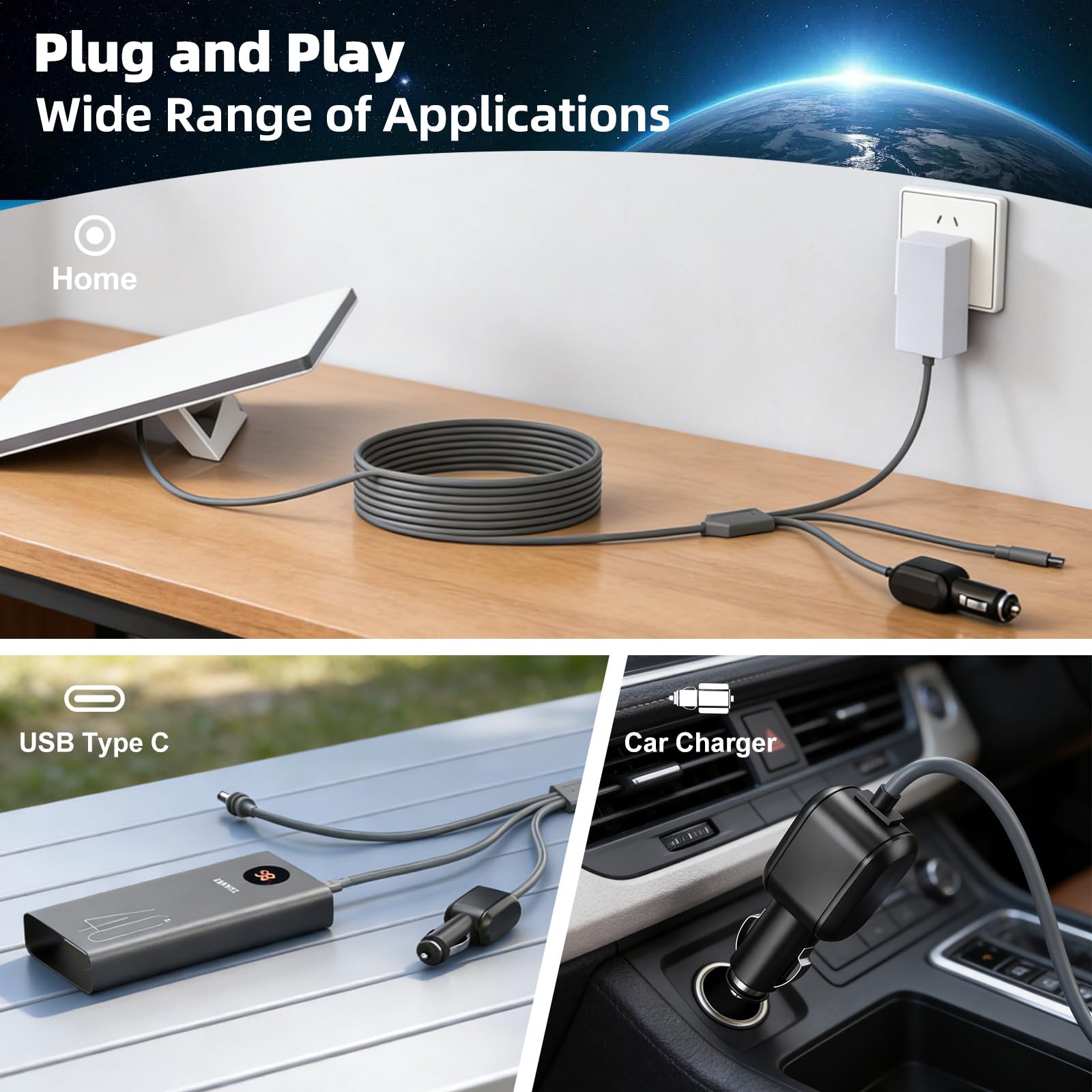 3 in 1 for Starlink Mini Cable 10FT/3M OR 16FT/5M, 18AWG Starlink Mini 100W High-Speed USB C/Car Charger/DC to DC Power Cable Starlink Mini Car Cigarette Lighter Replacement Waterproof Extension Cable Accessories - xlinkcore