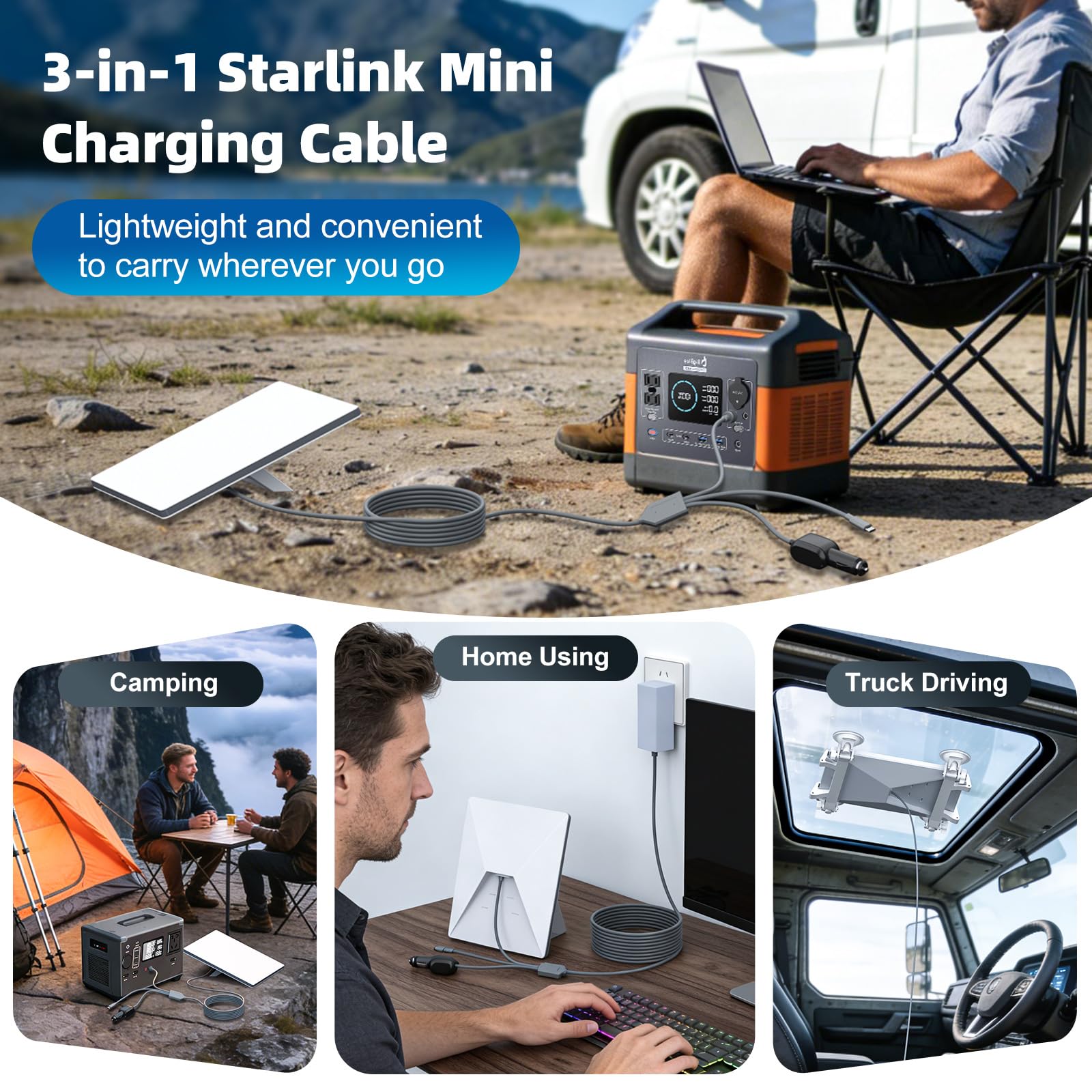 3 in 1 for Starlink Mini Cable 10FT/3M OR 16FT/5M, 18AWG Starlink Mini 100W High-Speed USB C/Car Charger/DC to DC Power Cable Starlink Mini Car Cigarette Lighter Replacement Waterproof Extension Cable Accessories - xlinkcore