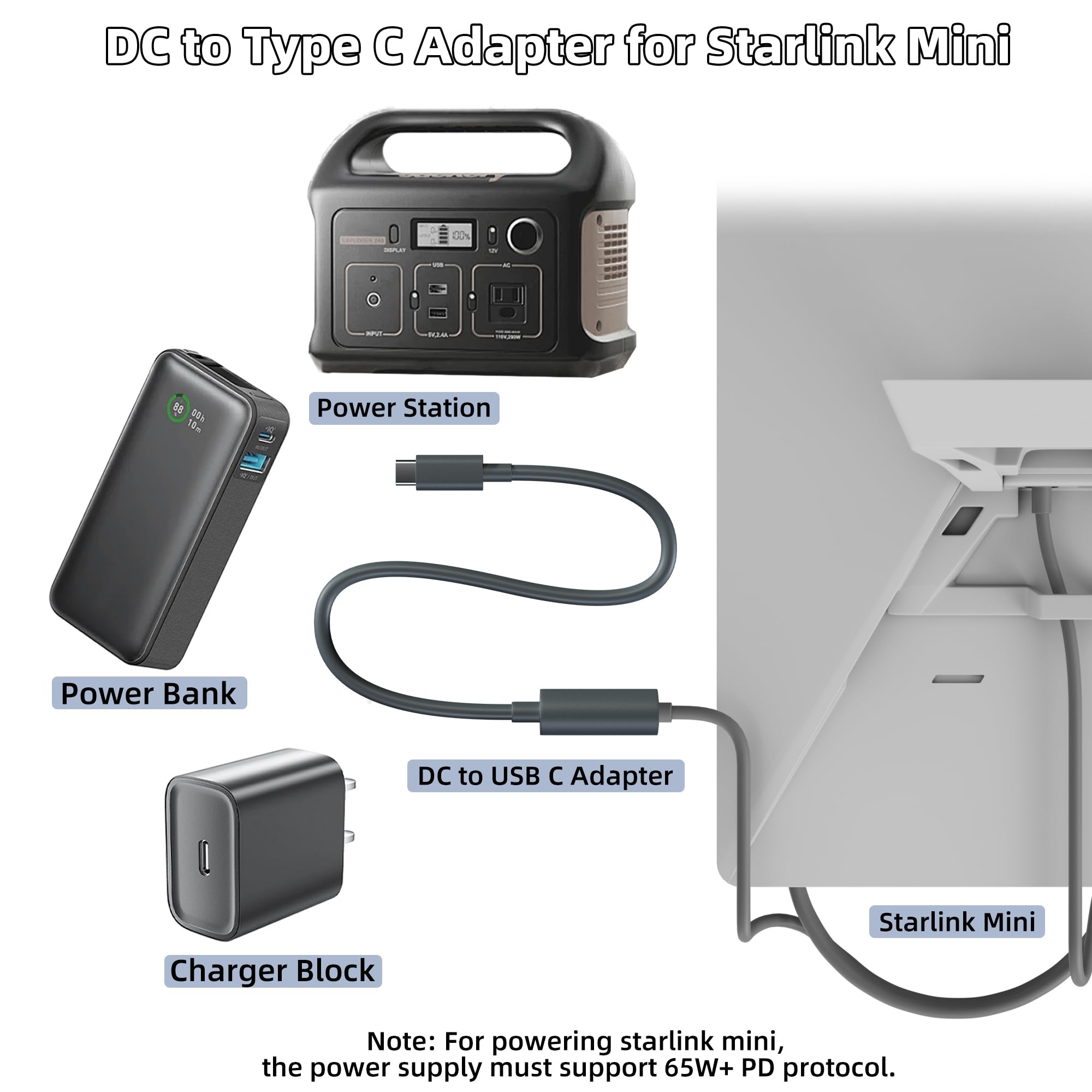 For Starlink Mini Type C to DC Adapter Waterproof Compatible with Original Starlink Mini USB C Power Cable 65W+ PD Source DC Power Adapter - xlinkcore