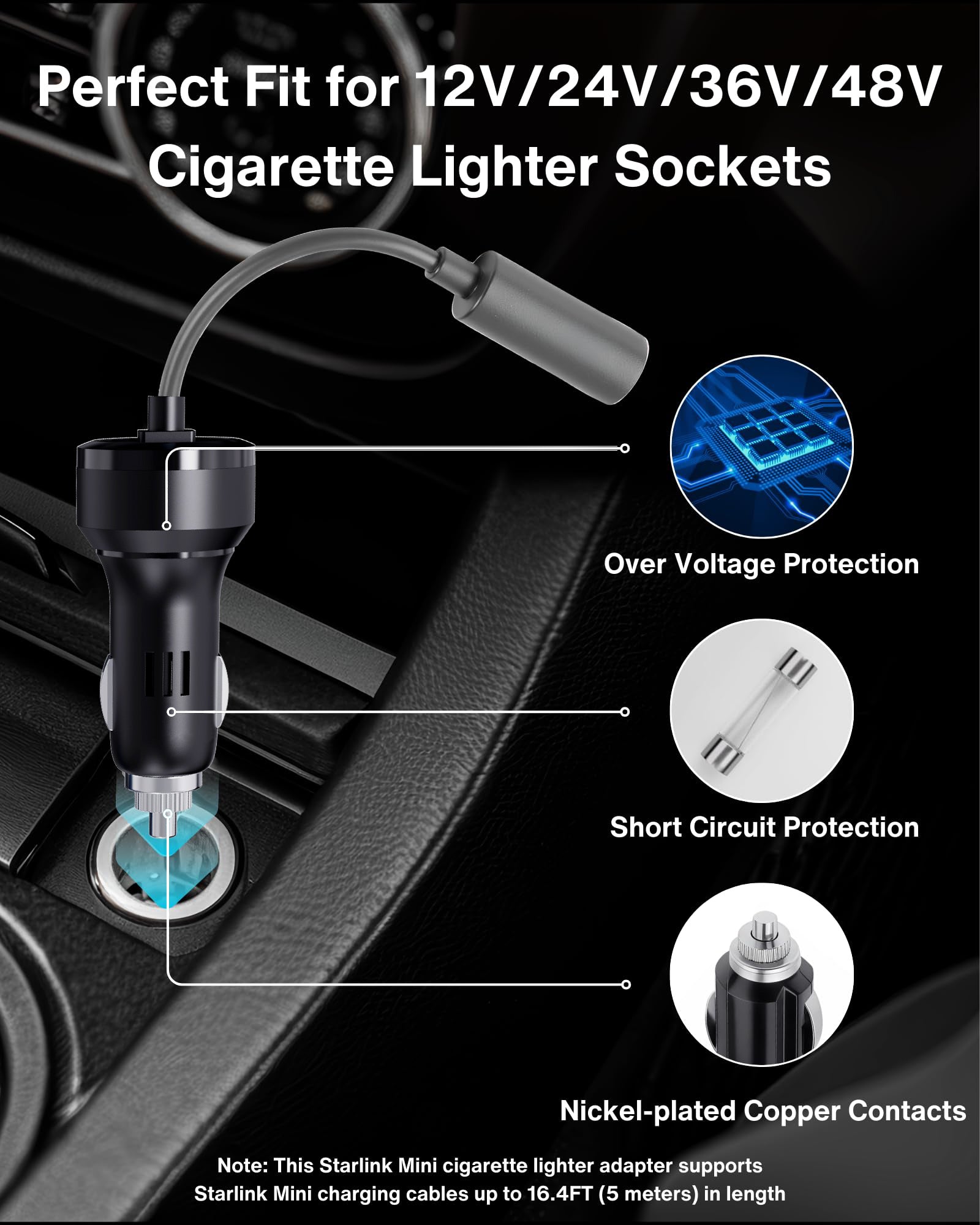 Car Charger to DC Female Adapter Cable for Starlink Mini, 12~48V Cigarette Lighter to DC Power Cable, 36W Output Stable Power Supply for Car, Truck, RV, Boat - 19AWG Durable Construction - xlinkcore