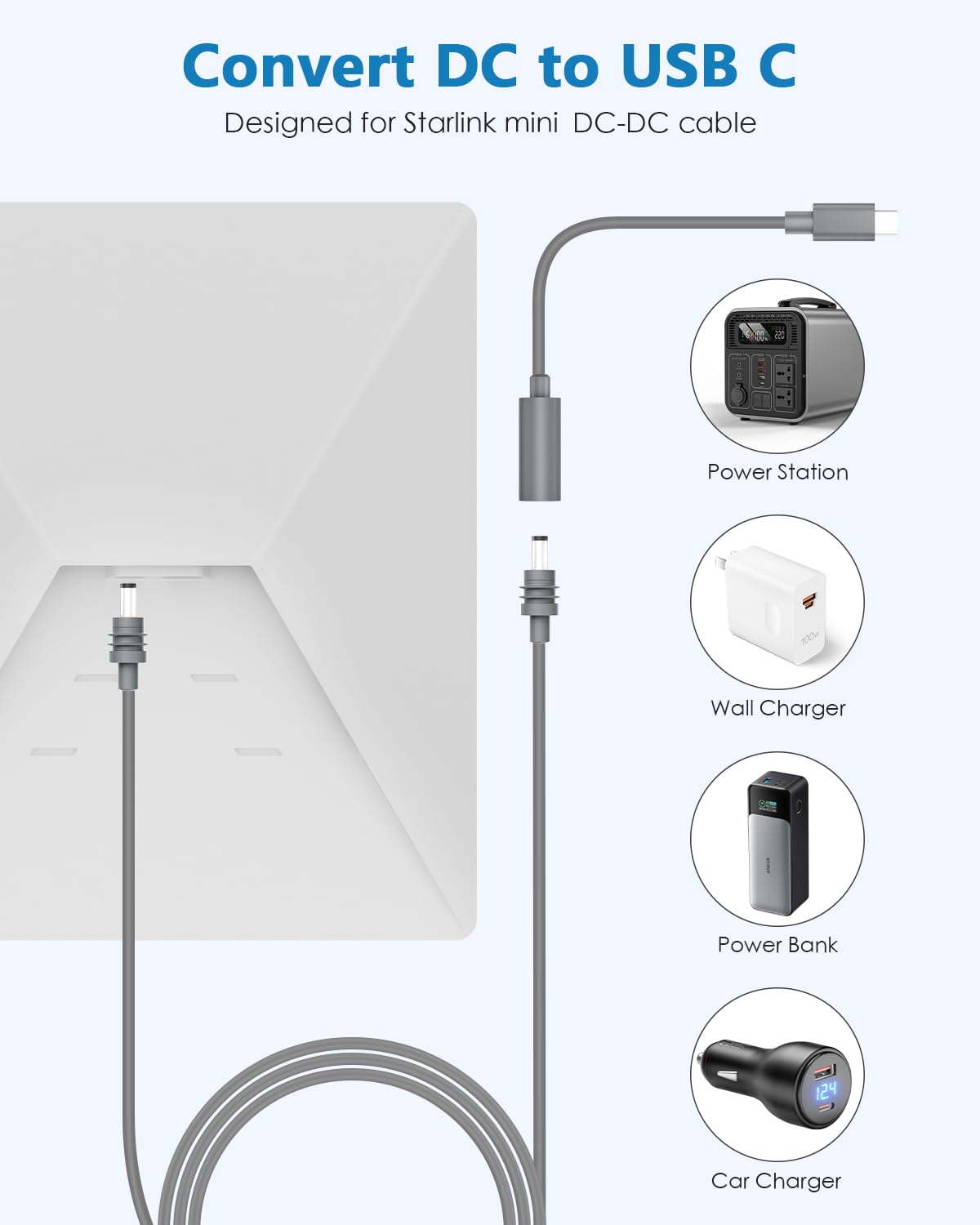 For Starlink Mini Type C to DC Adapter Waterproof Compatible with Original Starlink Mini USB C Power Cable 65W+ PD Source DC Power Adapter - xlinkcore