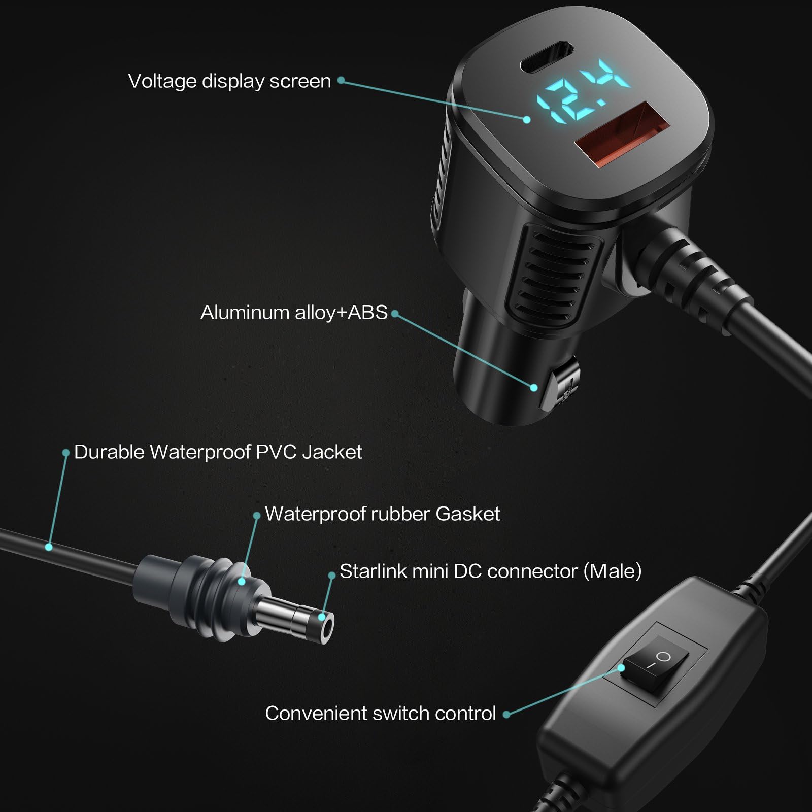 For Starlink Mini Cable, 3 in 1 Starlink Mini Car Charger DC Power Cable+ Cigarette Lighter Adapter 12V-48V with Digital Display USB C PD & USB A Ports for Trucks Cars 10FT - xlinkcore