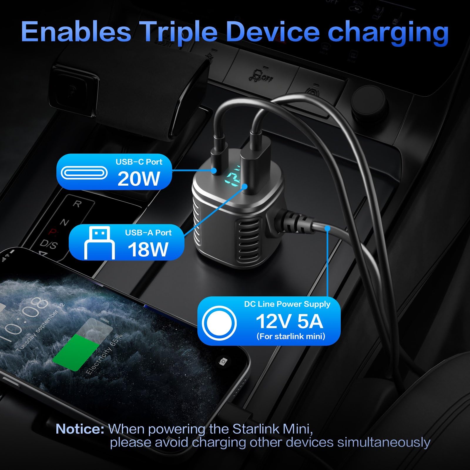 For Starlink Mini Cable, 3 in 1 Starlink Mini Car Charger DC Power Cable+ Cigarette Lighter Adapter 12V-48V with Digital Display USB C PD & USB A Ports for Trucks Cars 10FT - xlinkcore