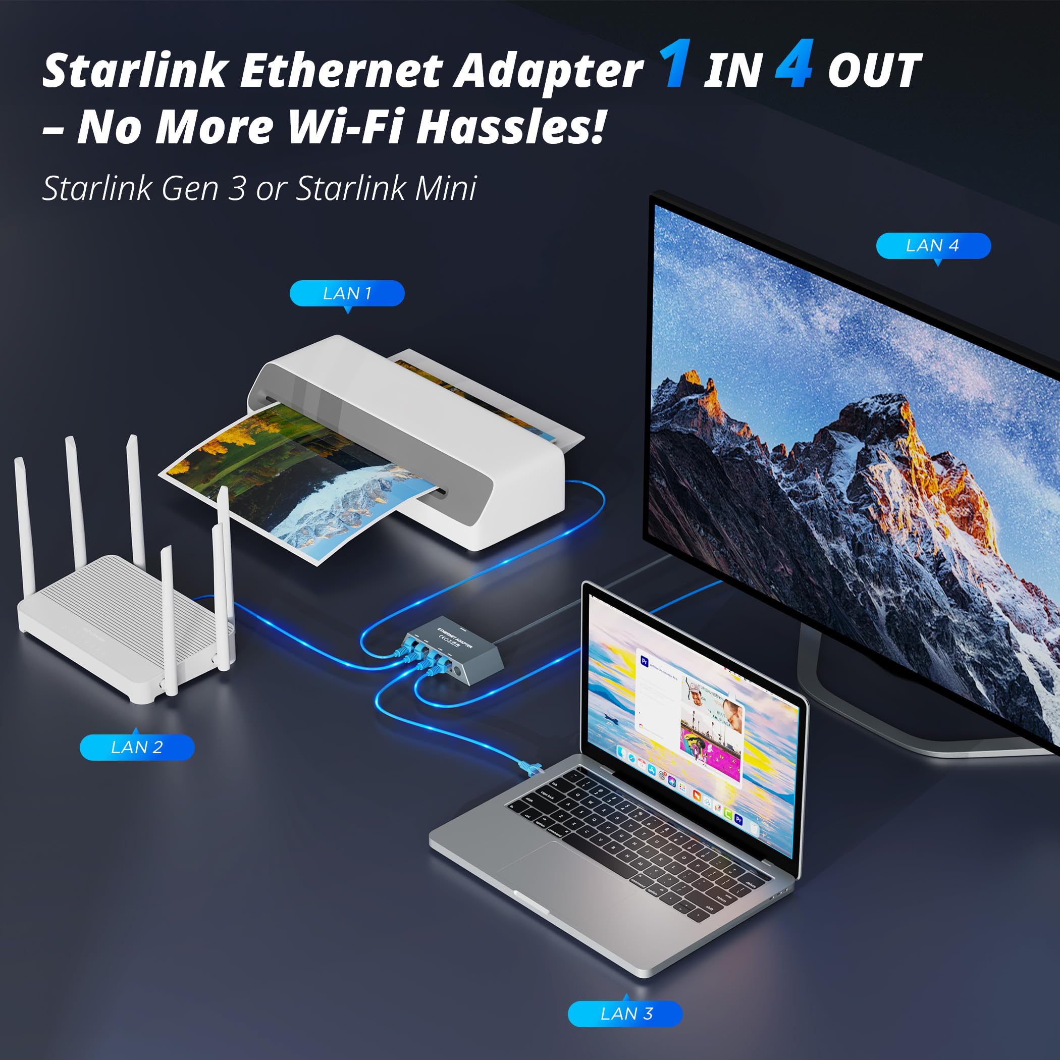 Multi Ports For Starlink Gen 3/ For Starlink Mini Ethernet Adapter for Wired External Network, 4 Ports Starlink Ethernet Adapter 1 to 4 [4 Devices Networked Simultaneously] - Up to 1 Gbps - xlinkcore