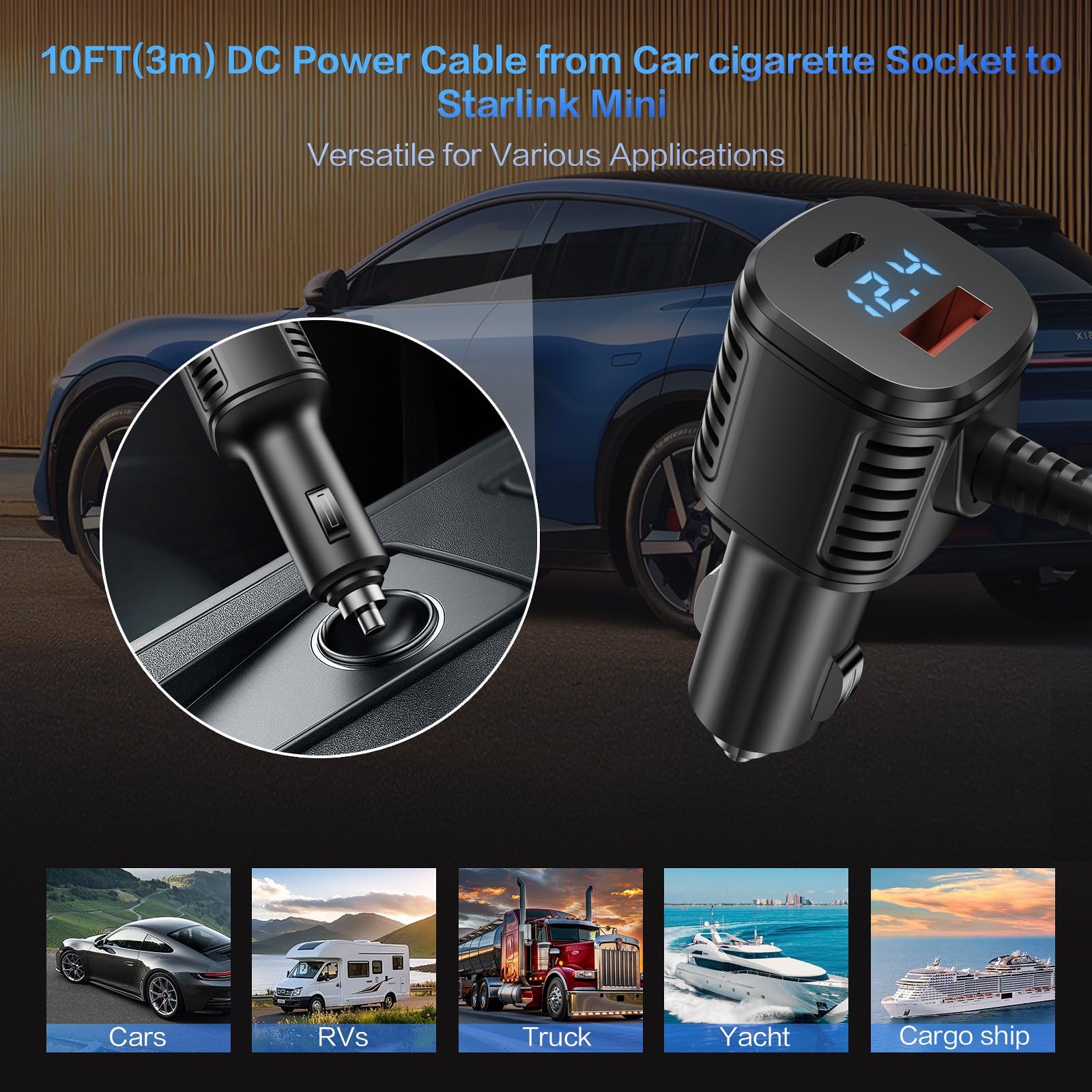 For Starlink Mini Cable, 3 in 1 Starlink Mini Car Charger DC Power Cable+ Cigarette Lighter Adapter 12V-48V with Digital Display USB C PD & USB A Ports for Trucks Cars 10FT - xlinkcore