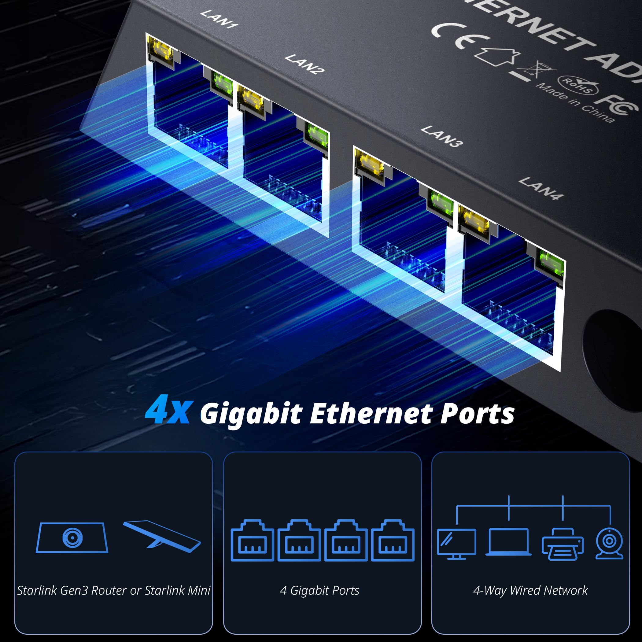 Multi Ports For Starlink Gen 3/ For Starlink Mini Ethernet Adapter for Wired External Network, 4 Ports Starlink Ethernet Adapter 1 to 4 [4 Devices Networked Simultaneously] - Up to 1 Gbps - xlinkcore