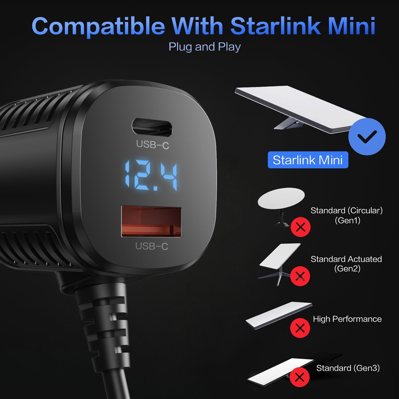 For Starlink Mini Cable, 3 in 1 Starlink Mini Car Charger DC Power Cable+ Cigarette Lighter Adapter 12V-48V with Digital Display USB C PD & USB A Ports for Trucks Cars 10FT - xlinkcore